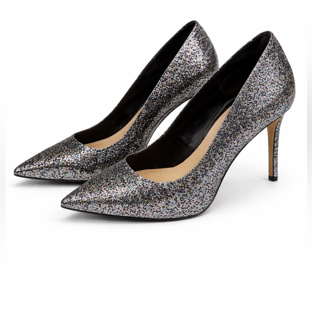 Mix No. 6 Danyah Glitter Stiletto Pumps Size 9 Silver Black Pointed Toe Heels